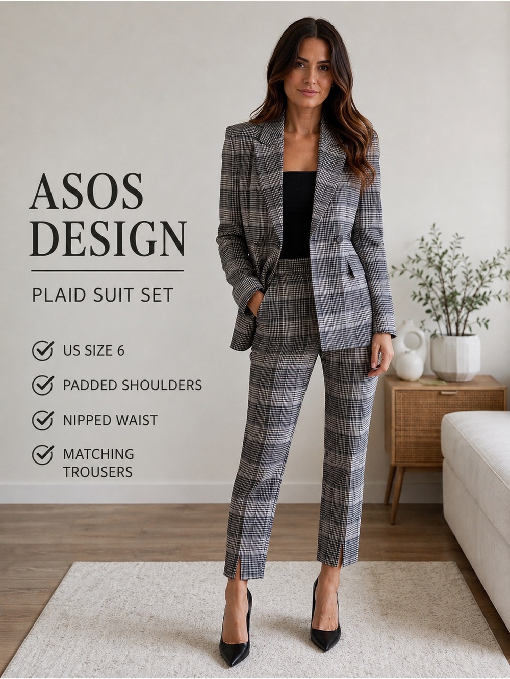 Women's Grey Plaid Blazer & Trousers Suit